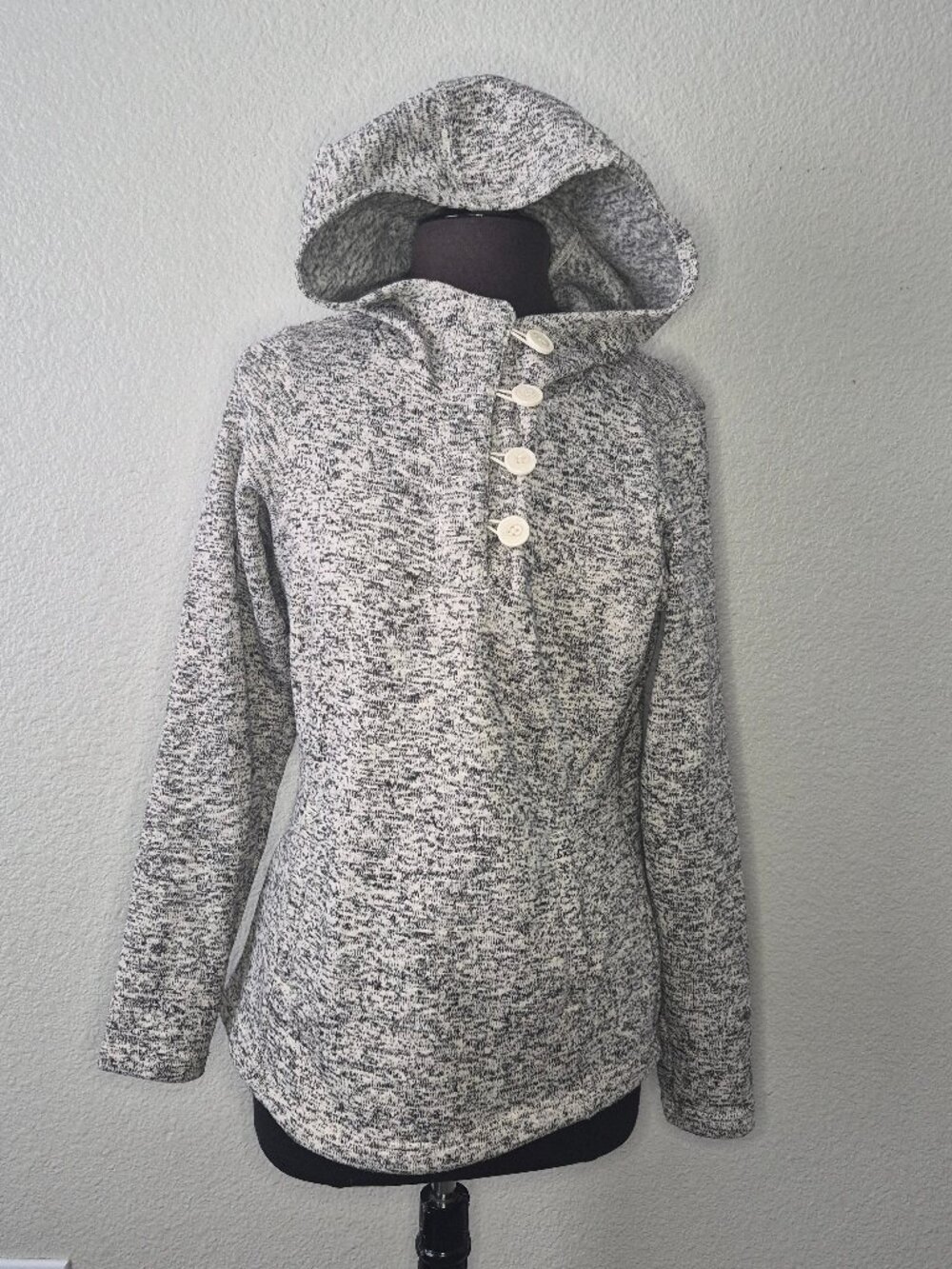 Columbia Sweater Fleece Pullover Hoodie Womens Medium Gray Marled Button Neck